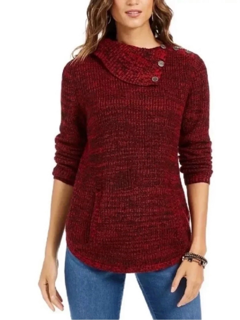 Style & Co. Marled Burgundy Button-Shoulder Cowl Sweater